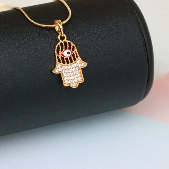"Rose Gold Hamsa Hand Pendant with Evil Eye and Sparkling Stones, XPPT1386 - Picture 3 of 13